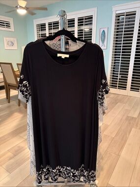 LOFT Black Dress with White Floral Embroidery